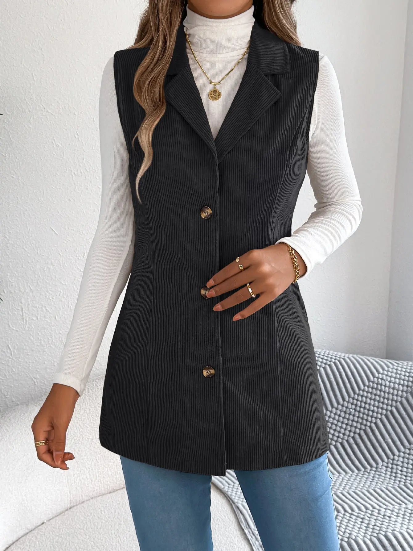 Casual Single Breasted Blazers Collar Corduroy Vest Coat - Ladoj 14