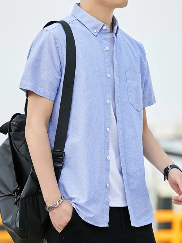 Casual short-sleeved shirt youthful fashion double pockets Blue