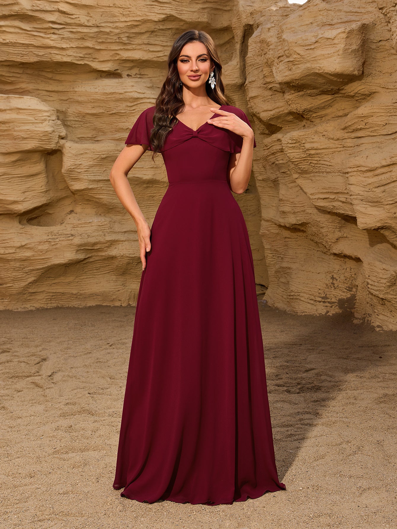 Chiffon V neck Bowknot Shawl Back Zipper a Large Swing Fully Lined Elegant Evening Dress Women 3