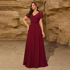 Chiffon V neck Bowknot Shawl Back Zipper a Large Swing Fully Lined Elegant Evening Dress Women 6 Burgundy