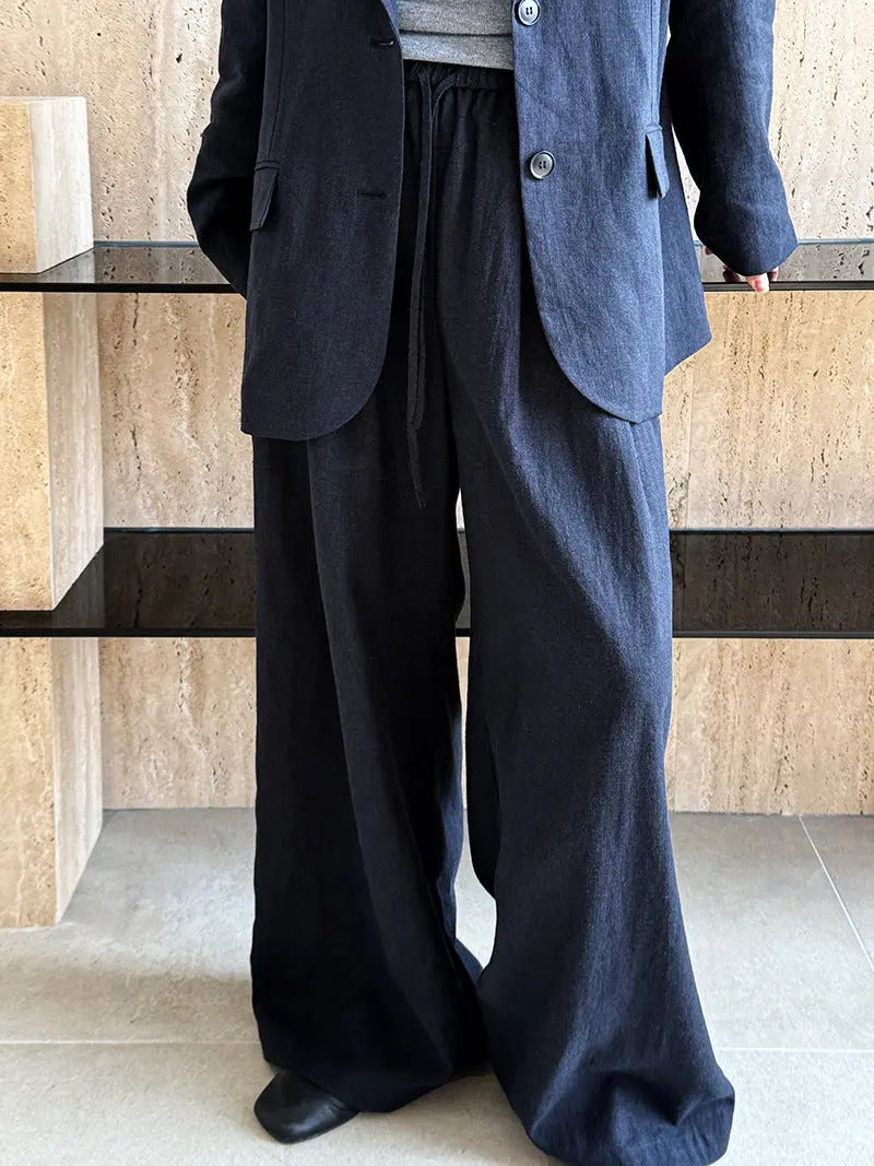 High Grade Linen Blazer Women Spring Cotton Linen  Pant Two Piece Sets - Ladoj  Dark Blue Coat