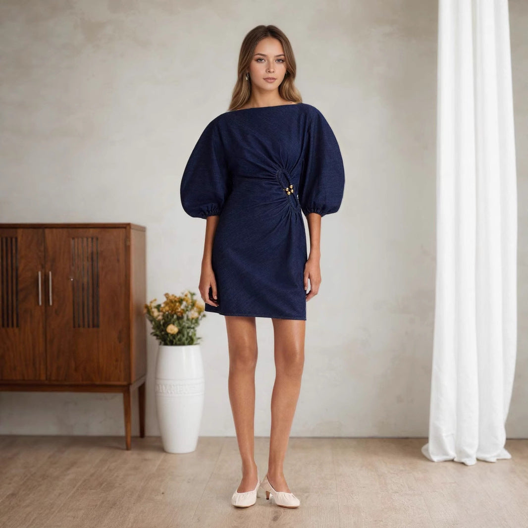 Decorative Imitation Denim Ladies Dress Dark Blue