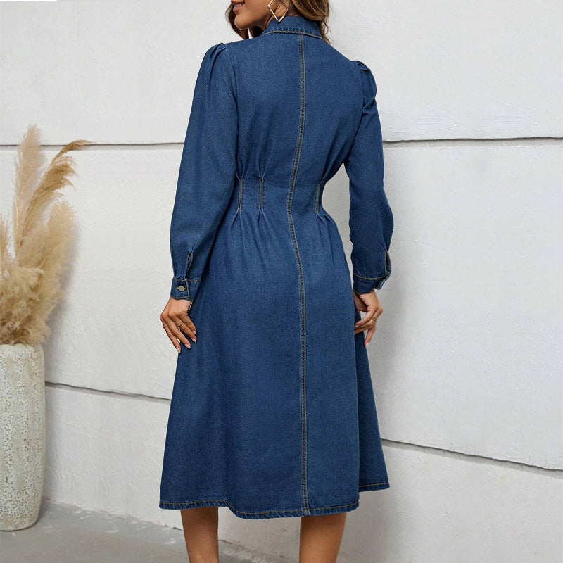 Denim Waist Controlled Long Sleeves Dress Navy Blue 2