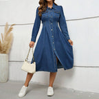 Denim Waist Controlled Long Sleeves Dress Navy Blue 3