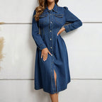 Denim Waist Controlled Long Sleeves Dress Navy Blue 4
