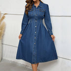 Denim Waist Controlled Long Sleeves Dress Navy Blue 7