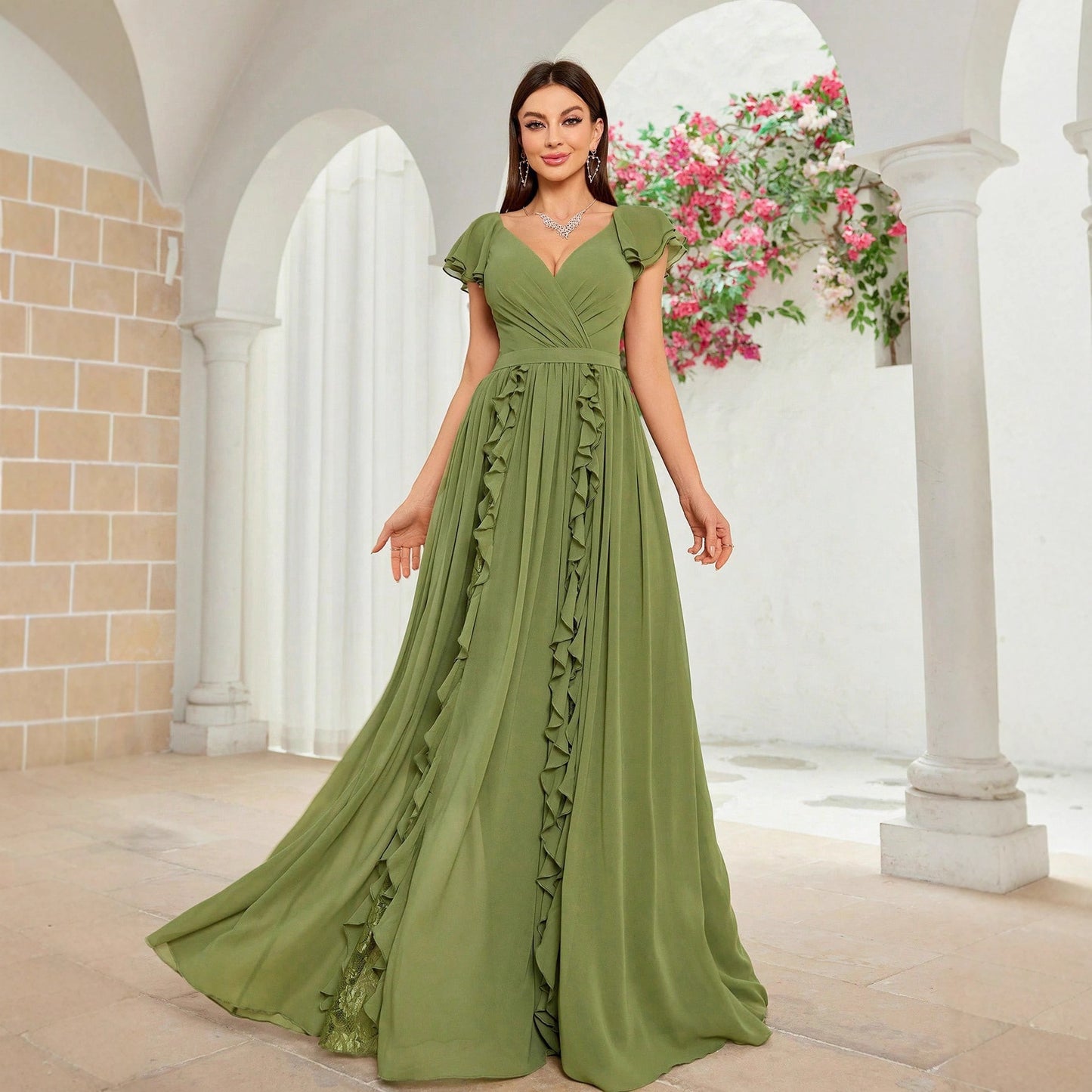 Elegant Ball Fall High End Ruffled V neck Dress Army Green