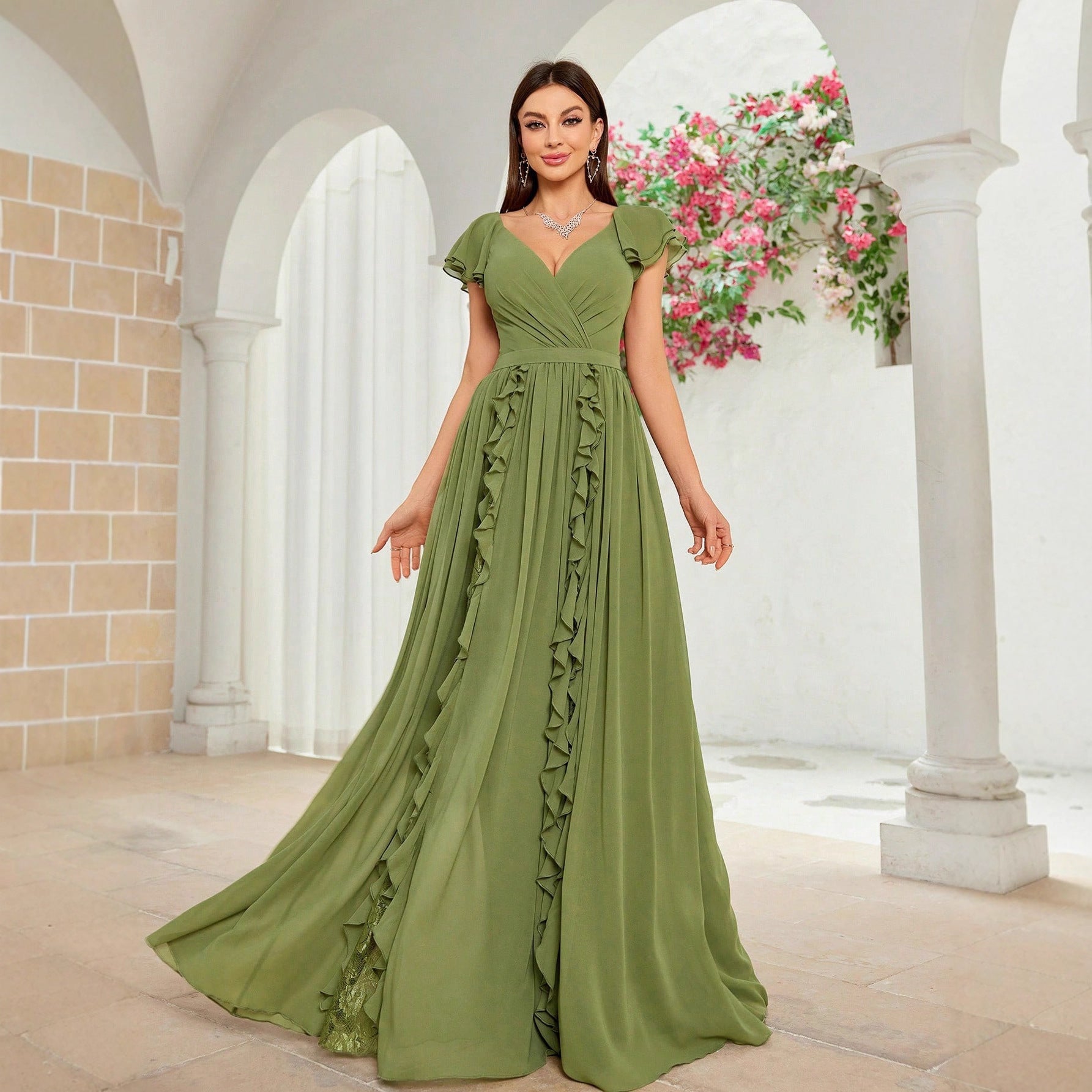Elegant Ball Fall High End Ruffled V neck Dress Army Green
