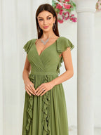 Elegant Ball Fall High End Ruffled V neck Dress Army Green 2