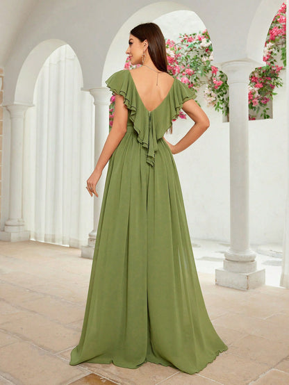 Elegant Ball Fall High End Ruffled V neck Dress Army Green 4