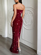 Elegant Strapless Long Dress Wine Red 3
