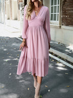 Elegant lace solid color V-neck dress Cracker khaki 2