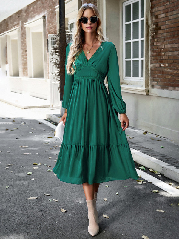 Elegant lace solid color V-neck dress Green 3