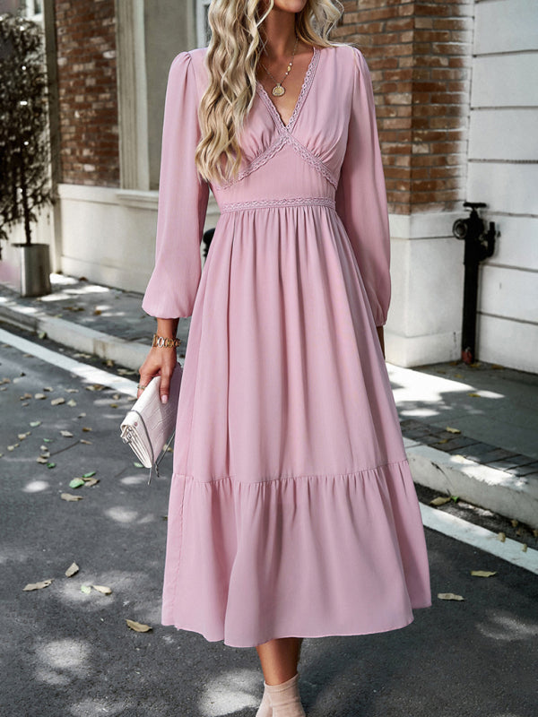 Elegant lace solid color V-neck dress Pink 3