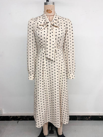 Elegant mid-length skirt with bow tie collar, long sleeves and waist polka dot dress White 1