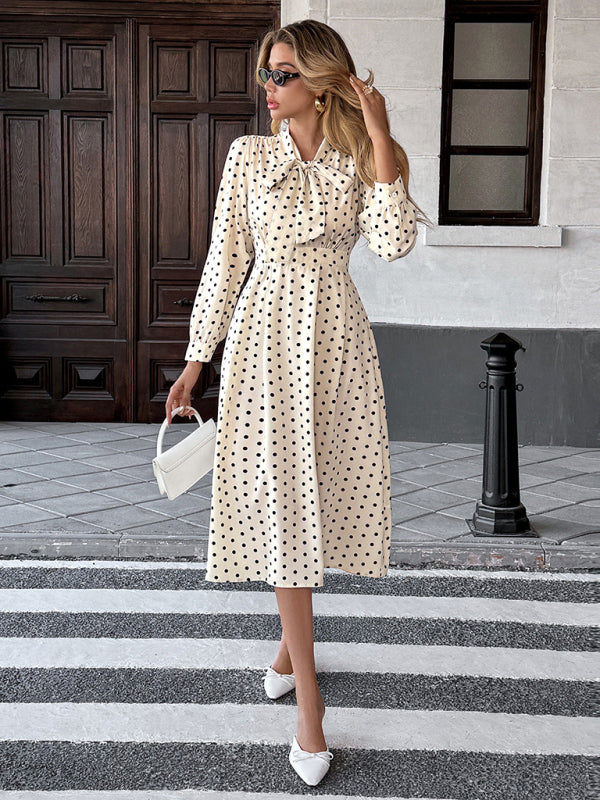 Elegant mid-length skirt with bow tie collar, long sleeves and waist polka dot dress White 2