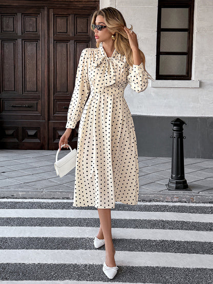 Elegant mid-length skirt with bow tie collar, long sleeves and waist polka dot dress White 2