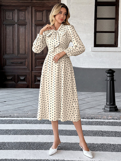 Elegant mid-length skirt with bow tie collar, long sleeves and waist polka dot dress White 3