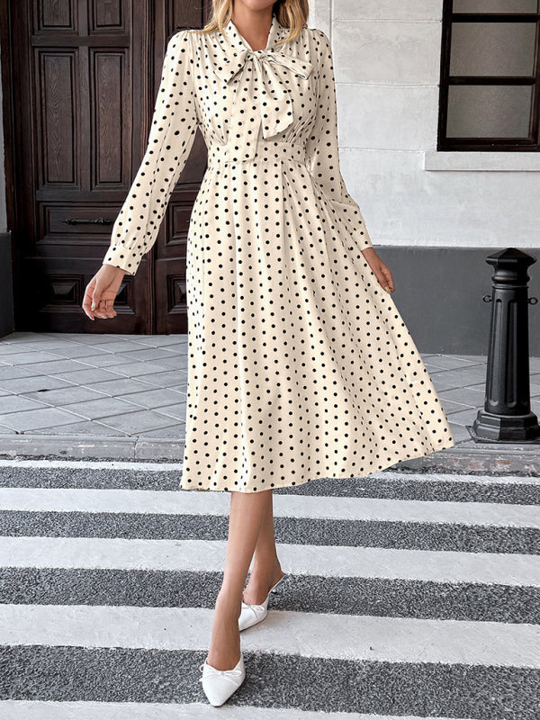 Elegant mid-length skirt with bow tie collar, long sleeves and waist polka dot dress White 4