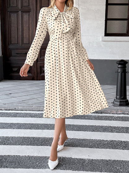 Elegant mid-length skirt with bow tie collar, long sleeves and waist polka dot dress White 4