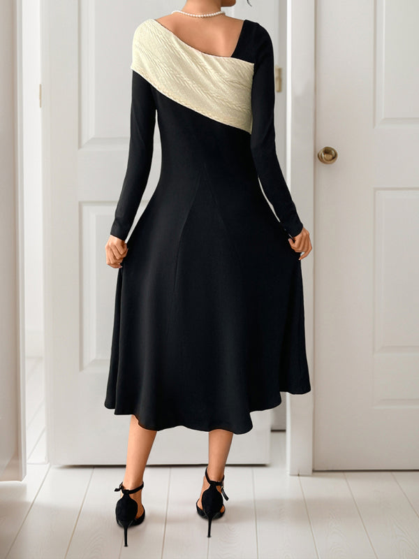 Elegant midi skirt irregular color block long sleeve dress Imagen secundaria del producto