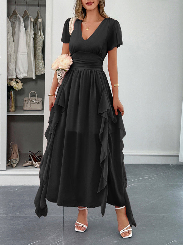 Elegant short-sleeved deep V long dress Black