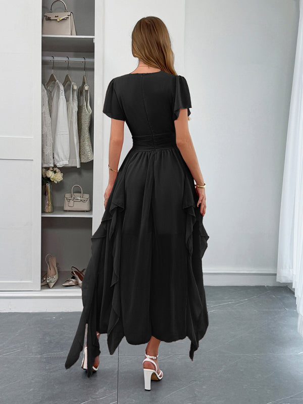 Elegant short-sleeved deep V long dress Black 5