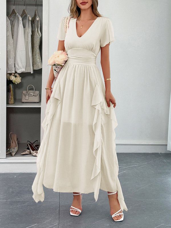 Elegant short-sleeved deep V long dress Imagen secundaria del producto
