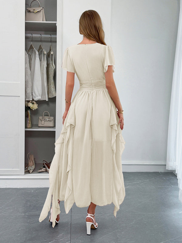 Elegant short-sleeved deep V long dress Cracker Khaki 4