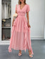 Elegant short-sleeved deep V long dress Pink 1