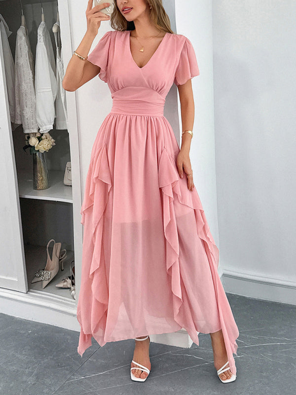 Elegant short-sleeved deep V long dress Pink 2
