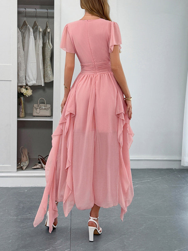 Elegant short-sleeved deep V long dress Pink 3