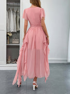 Elegant short-sleeved deep V long dress Pink 3