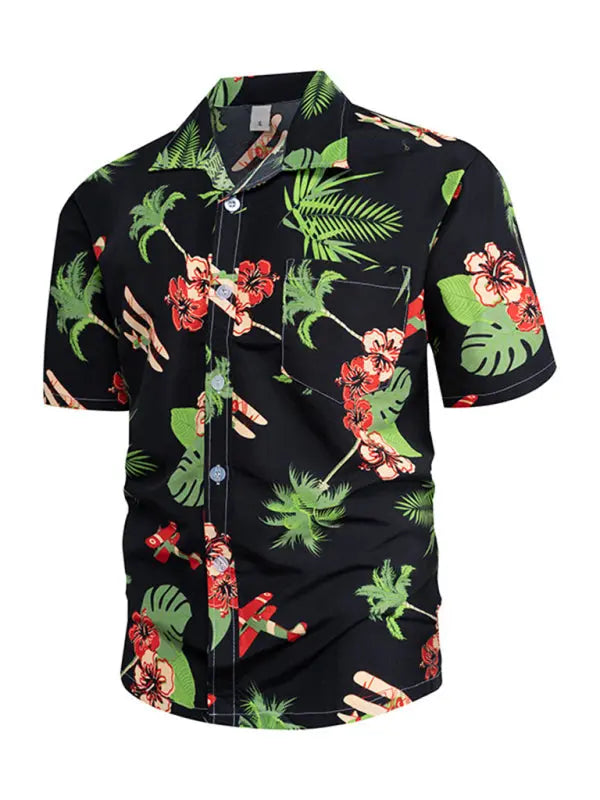 Hawaiian short-sleeved shirt men's beach seaside Black