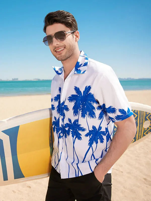 Hawaiian short-sleeved shirt men's beach seaside Blue