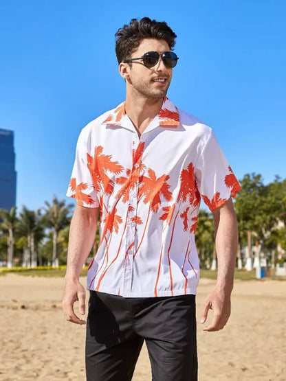 Hawaiian short-sleeved shirt men's beach seaside Orange Red