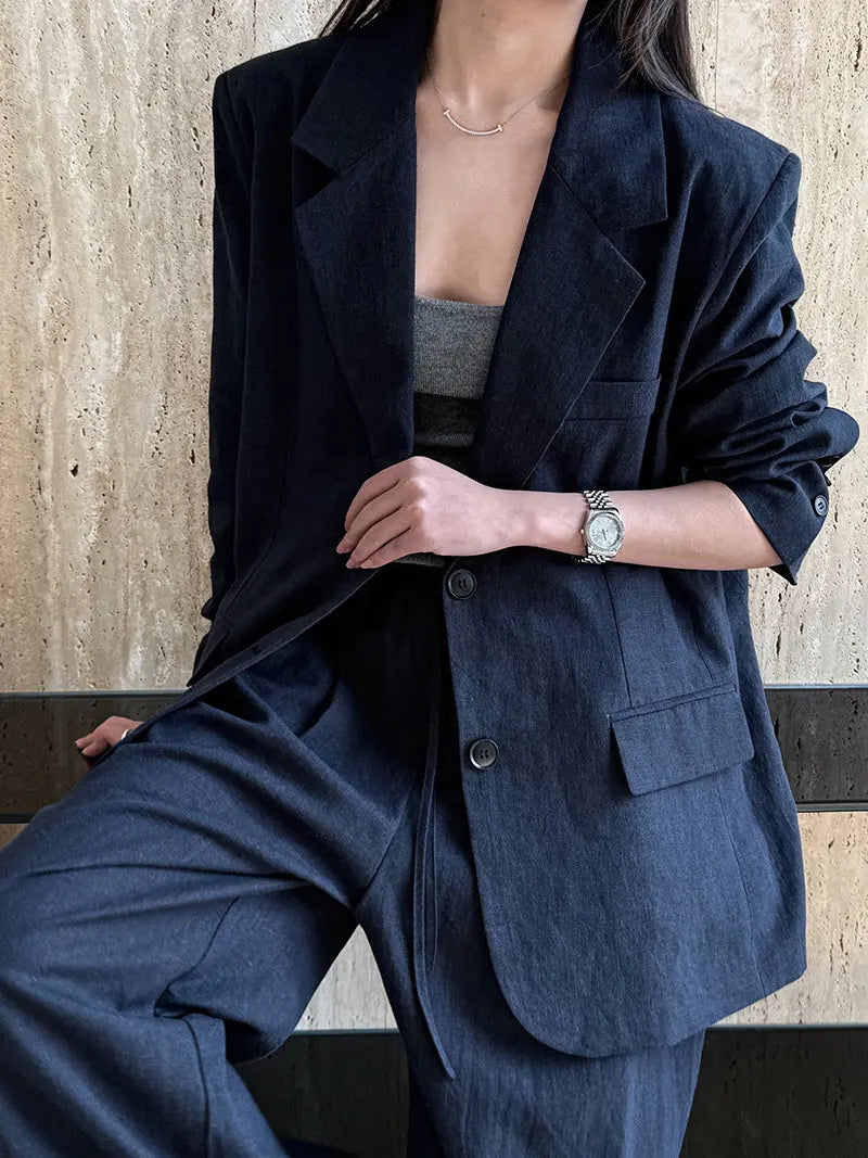 High Grade Linen Blazer Women Spring Cotton Linen Pant Two Piece Sets Dark Blue Coat 4