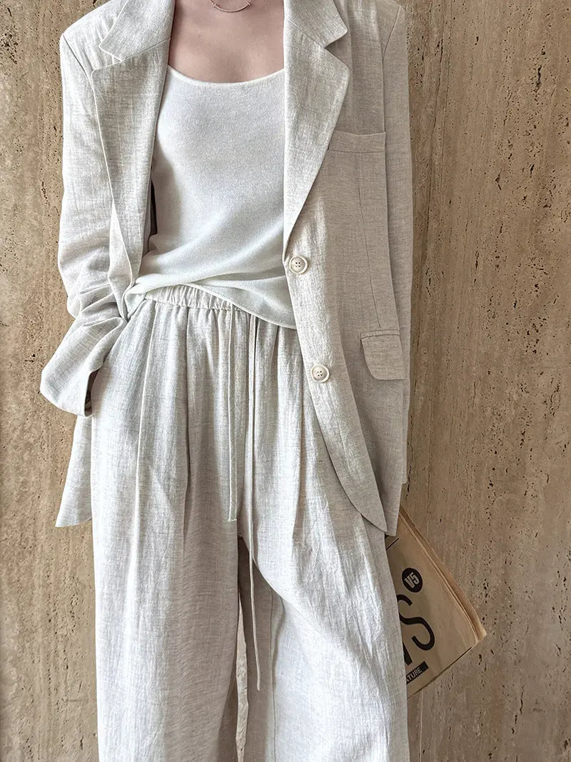 High Grade Linen Blazer Women Spring Cotton Linen  Pant Two Piece Sets - Ladoj Linen Apricot Coat