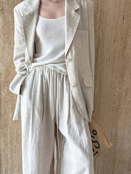 High Grade Linen Blazer Women Spring Cotton Linen  Pant Two Piece Sets - Ladoj Linen Apricot Coat