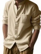 Linen long-sleeved stand-up collar breathable casual men's khaki shirt - Ladoj 1