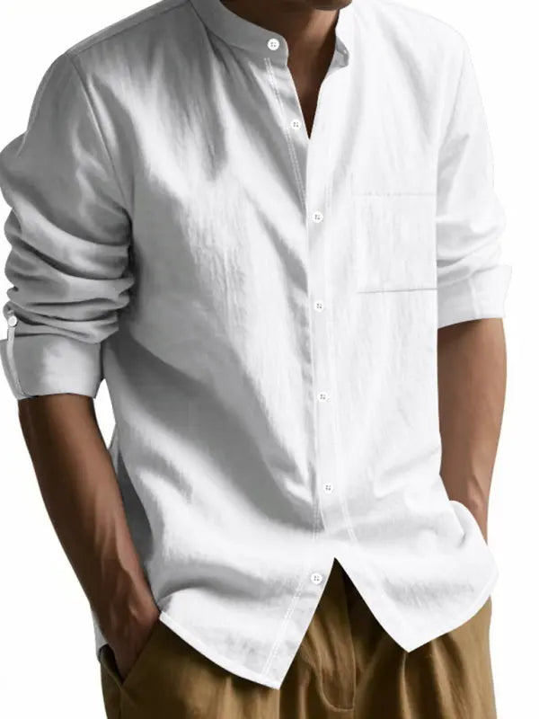 Linen long-sleeved stand-up collar breathable casual men's shirt - Ladoj Imagen principal del producto