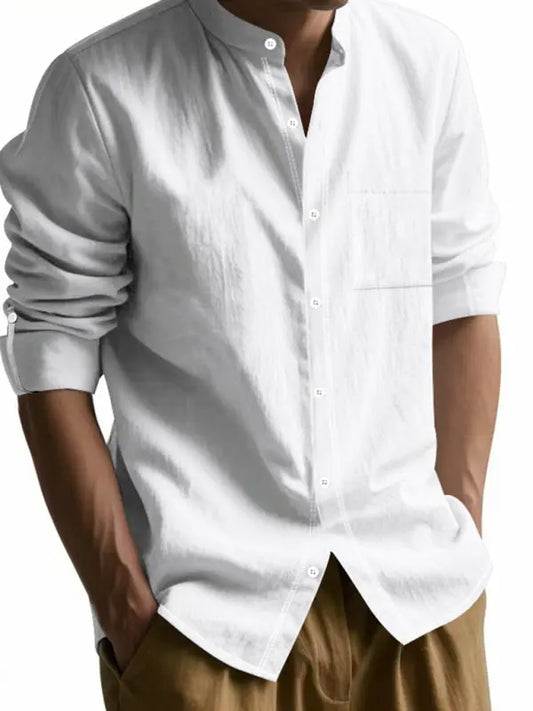Linen long-sleeved stand-up collar breathable casual men's shirt - Ladoj
