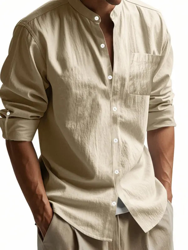 Linen long-sleeved stand-up collar breathable casual men's shirt Imagen secundaria del producto