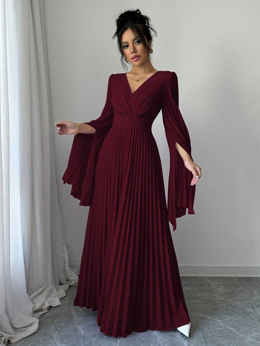 Maxi Dress V Plunge Long Sleeve Dress