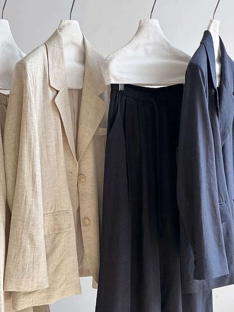 High Grade Linen Blazer Women Spring Cotton Linen  Pant Two Piece Sets - Ladoj