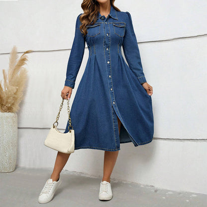 Denim Waist Controlled Long Sleeves Dress