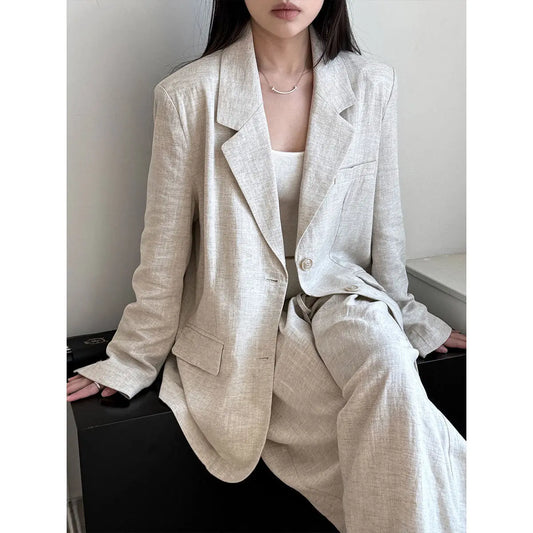 High Grade Linen Blazer Women Spring Cotton Linen  Pant Two Piece Sets - Ladoj