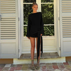 Round Neck Pleated Lace up Long Sleeved Slim Fit Short Dress