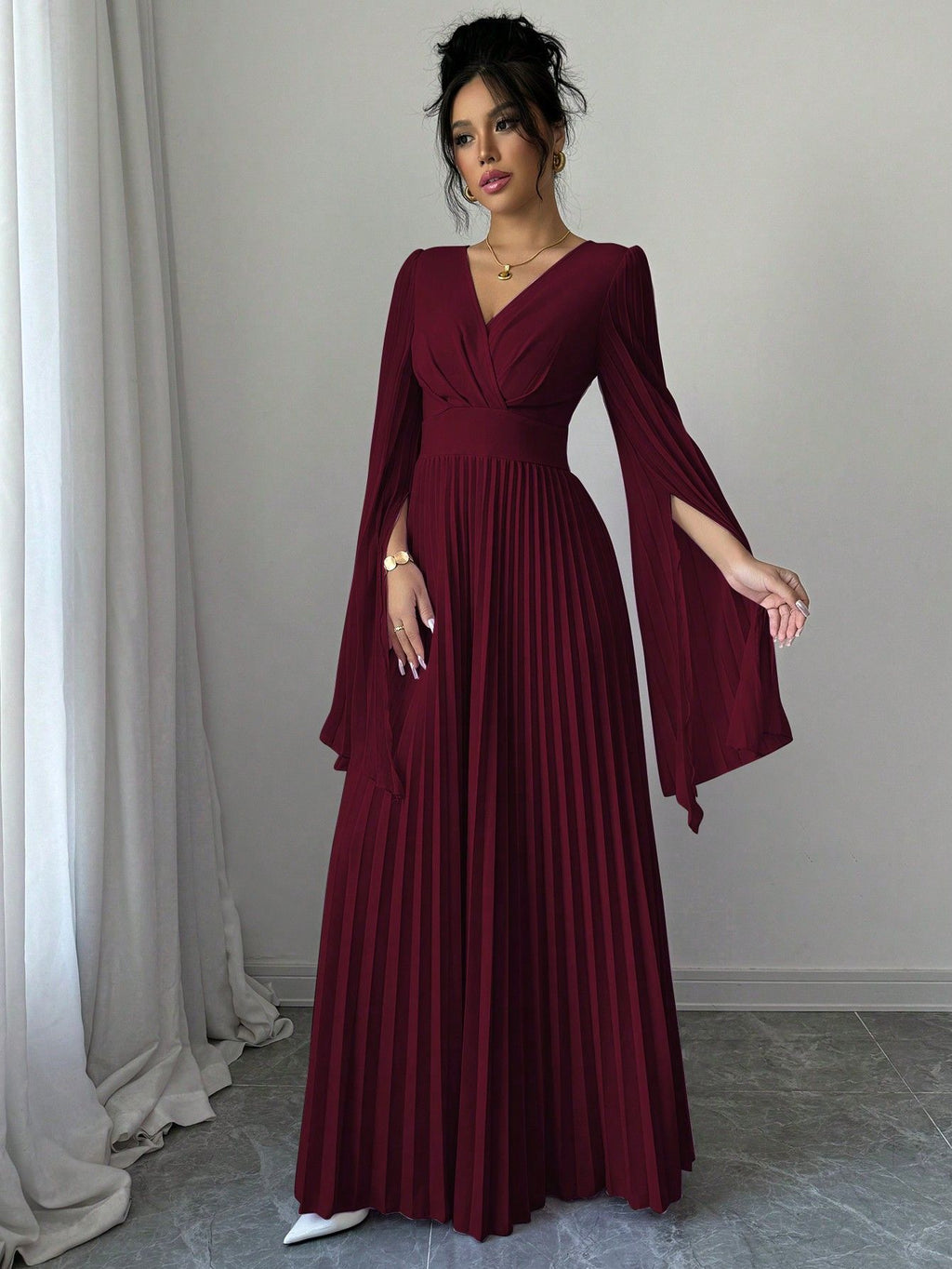 Maxi Dress V Plunge Long Sleeve Dress