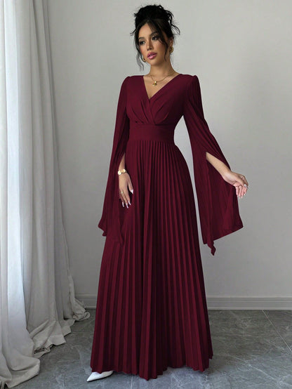 Maxi Dress V Plunge Long Sleeve Dress